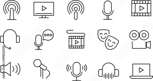 A collection of black line icons representing various audio and video recording and playback symbols on a white background