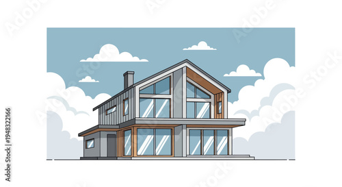 Modern two-story house with large windows and pitched roof