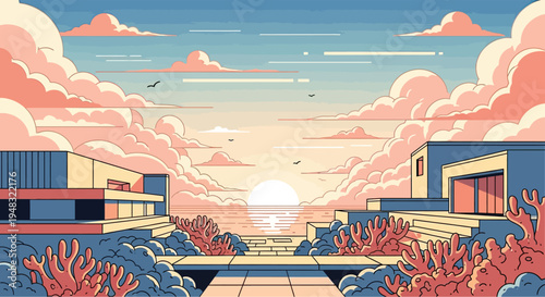 A serene coastal sunset with modern architecture and vibrant coral