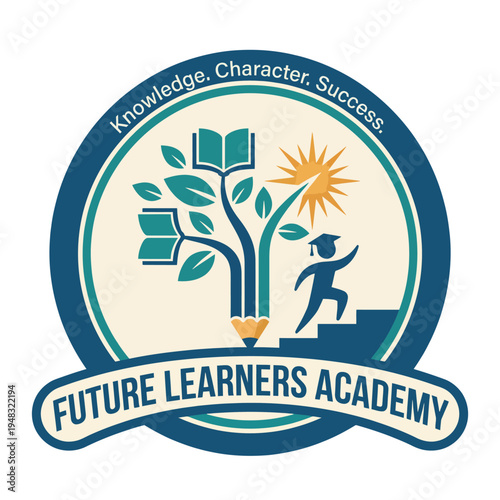 This logo showcases growth and learning with a tree, books, and a scholar figure, symbolizing knowledge, character, and success in educational endeavors.