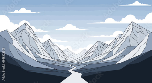 Minimalist mountain range with a winding river and cloudy sky