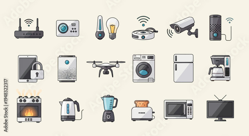 Assortment of smart home devices and kitchen appliances, including security and connectivity
