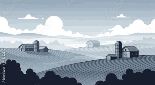 A serene, minimalist countryside scene with rolling fields and farm buildings