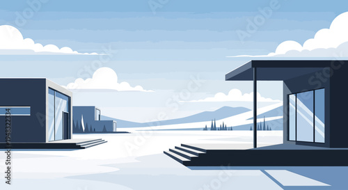 Minimalist modern homes in a serene, snowy landscape under a cloudy sky