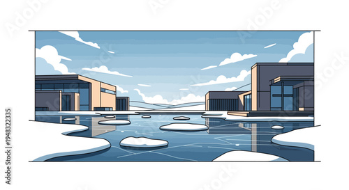 Modern buildings overlook icy terrain with scattered snow patches under a cloudy sky