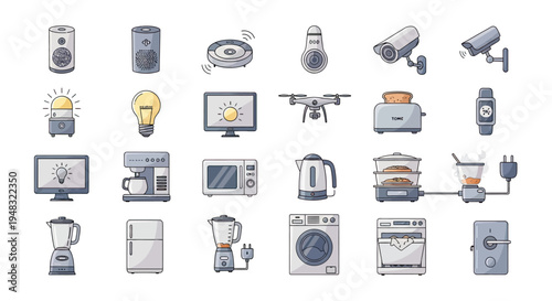 Various smart home devices and appliances illustrated in a clean, modern style