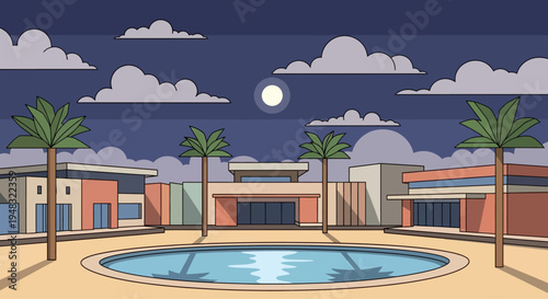 Tropical modern buildings and pool under moonlit night sky