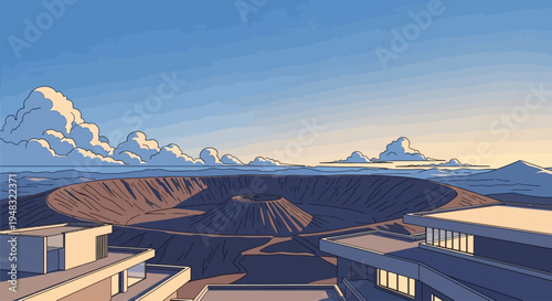 Modern buildings overlook a vast volcanic crater under a hazy sky at sunset