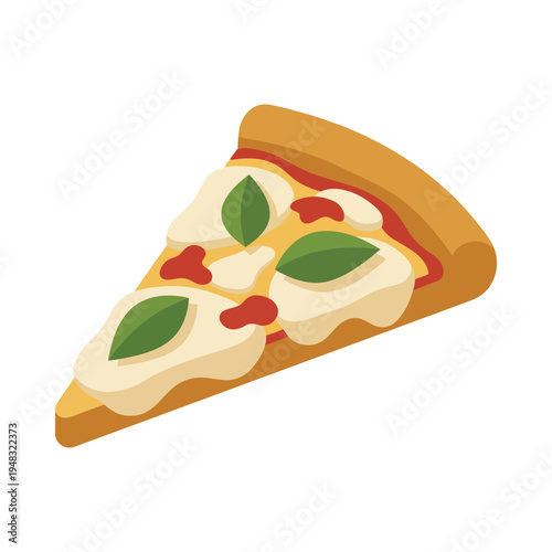 This appetizing illustration showcases a slice of margherita pizza topped with fresh basil leaves, highlighting the flavors of Italian cuisine and inviting hunger for delicious meals.