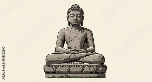 Serene Buddha Statue in Meditative Pose on Lotus Pedestal.