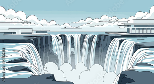 A modern architectural design overlooks a majestic cascading waterfall