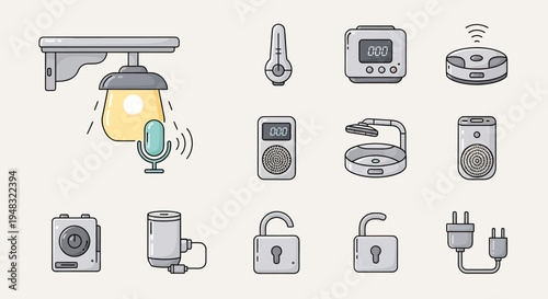 Smart home devices collection including a light, microphone, thermometer, speakers, locks, and plugs