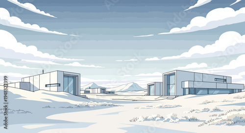 Minimalist structures dot a serene, snow-covered landscape under a cloudy sky