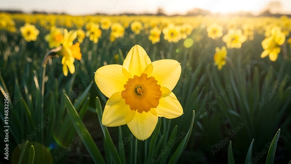 Obraz premium Golden yellow daffodils blooming in a vast field under the warm glow of sunlight