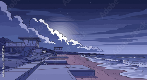 Moonlit modernist beach houses overlook a serene shoreline with gentle waves