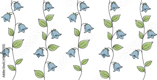 Seamless Blue Floral Pattern with Hand Drawn Bell Flowers and Leaves for Textile Fabric, Wallpaper, Wrapping Paper, Surface Design, and Decorative Backgrounds