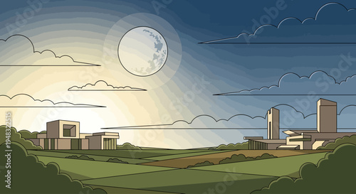 A minimalist landscape with modern structures under a full moon and cloudy sky