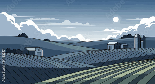 A stylized, muted landscape of rolling hills, tilled fields, and farm buildings under a cloudy sky