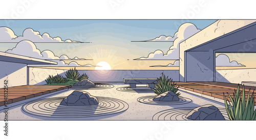 Modern zen garden with sunbeams over calm water
