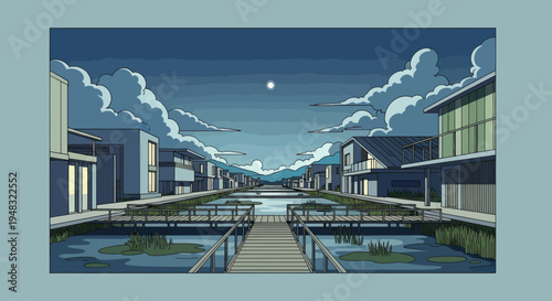 Modern housing complex with waterways and boardwalks under a moonlit sky