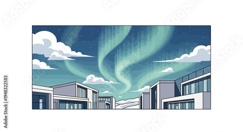 Modern buildings under a vibrant aurora borealis display
