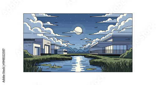 Modern homes flank a serene pond under a starry, cloud-filled night sky