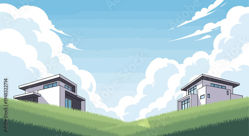 Two modern houses atop green hills under a sky filled with fluffy white clouds