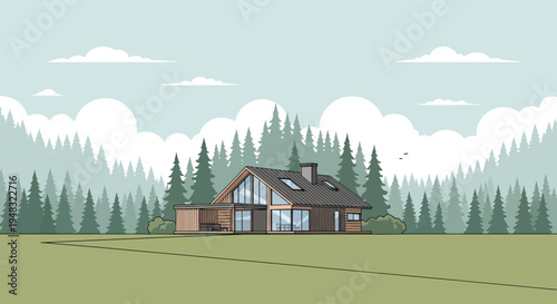 Modern wooden house with large windows nestled in a serene forest landscape