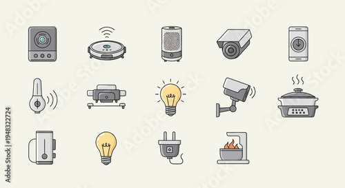 Diverse smart home and kitchen appliances depicted in a clean, flat illustration style