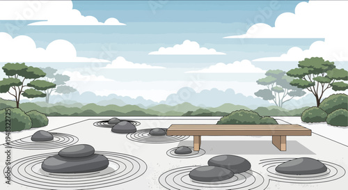 A tranquil zen garden with raked sand, rocks, greenery, and mountains under a cloudy sky