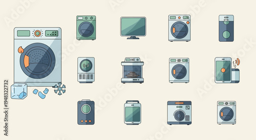 Collection of domestic appliances, including washing machines, dryer, and electronic devices