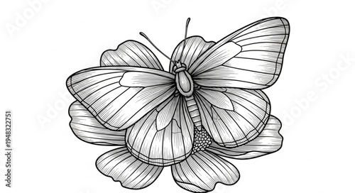 Detailed Butterfly Illustration Resting on a Flower Blossom.