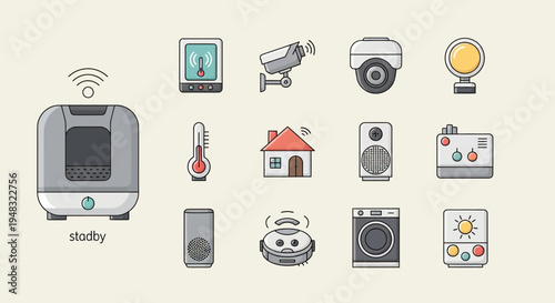 Diverse smart home devices and icons, including cameras, speakers, and appliances