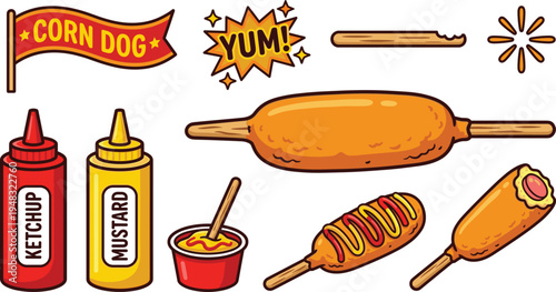 Corn Dog Street Food Cartoon Icon Set with Ketchup Mustard Sauce Bottle Snack Banner and Tasty Fast Food Vector Illustration Collection