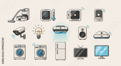 A collection of smart home devices including a vacuum, thermostat, camera, and appliances