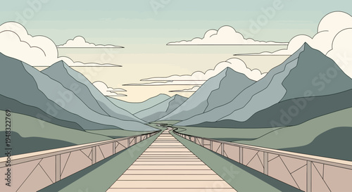 Elevated walkway leads through serene mountains under a cloudy sky