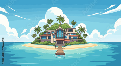 Modern villa on a tropical island with a pier and palm trees