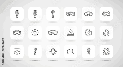 Collection of outline icons kitchen whisks, goggles, abstract shapes, and a shield