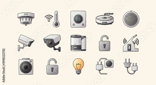 A collection of smart home devices including cameras, locks, and sensors