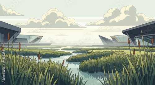 Futuristic buildings overlook a tranquil marsh under a cloudy sky