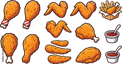 Crispy fried chicken pieces and french fries fast food vector set with dipping sauce, crunchy golden snack collection isolated on light background