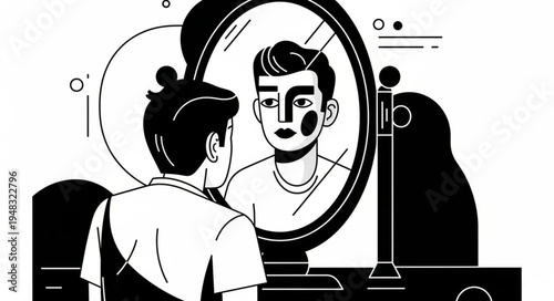 Man Confronting Imperfections in Mirror - A Study in Self-Perception.