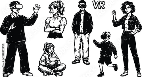 Line art vector set of diverse people wearing vr headsets various poses kid seated gamer standing woman crossing arms closeup