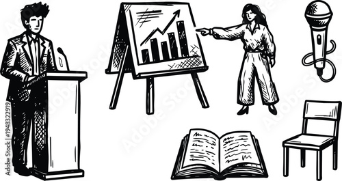 Ink sketch hand drawn business presentation scene with male speaker at podium woman pointing at chart microphone chair open book