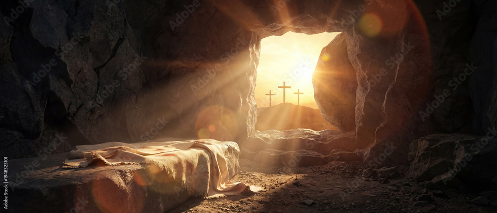 Fototapeta premium Empty tomb with crucifixion at sunrise. Resurrection concept.