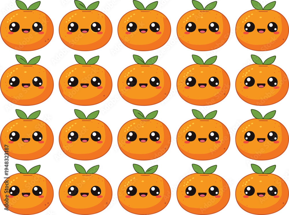 Fototapeta premium Cute Kawaii Orange Fruit Cartoon Character Set with Funny Smiling Faces Adorable Citrus Mascot Collection for Kids Stickers Vector Illustration