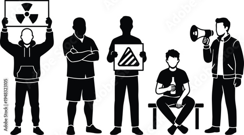 Flat design front view protest silhouettes holding signs megaphone and sitting person minimal vector black white contrast bold street scene