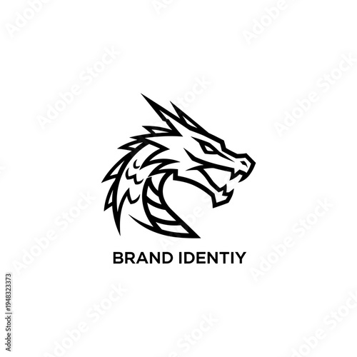 A striking black and white logo featuring a stylized dragon head with sharp lines and an aggressive expression, suitable for branding.