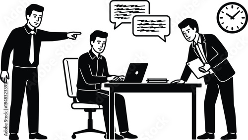 Minimalist vector office scene manager pointing at seated employee typing on laptop while colleague leans with clipboard and clock wall