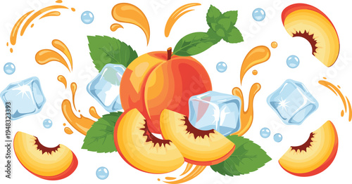 Ripe peach fruit with slices mint leaves ice cubes and juice splash refreshing summer vector illustration